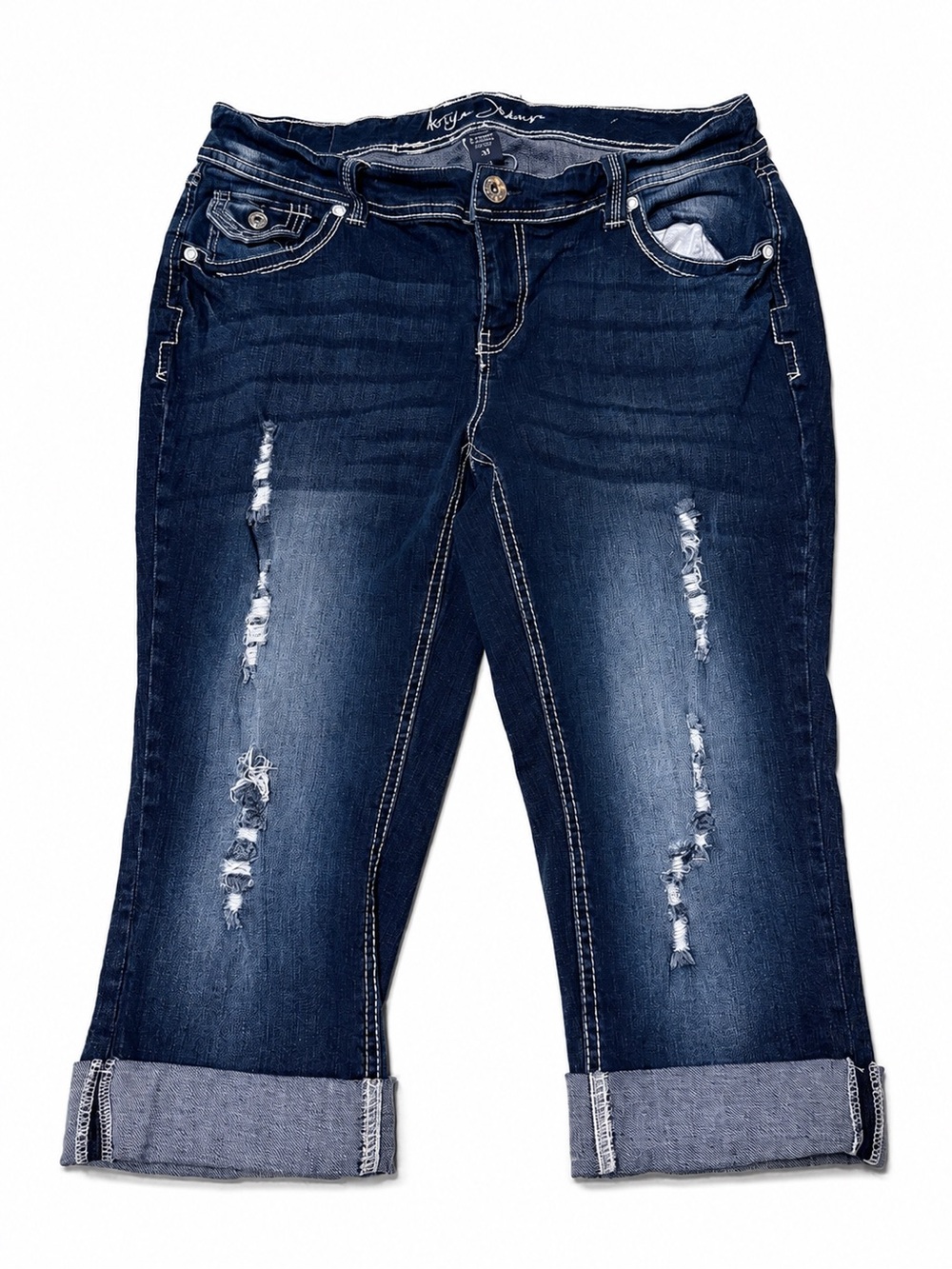 Ariya Women’s Dark Blue Distressed Capri Jeans - Picture 2 of 6